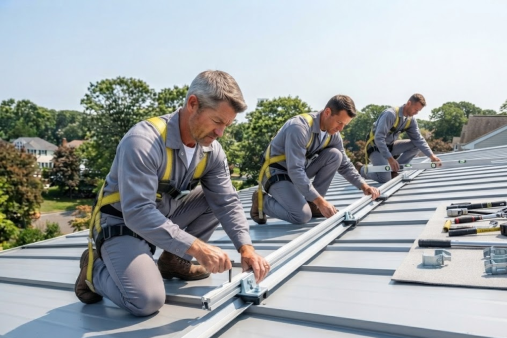 Roofing crew inspecting solar mount points in Baldwin, NY